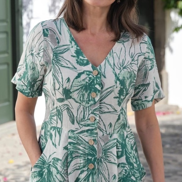 WoolOvers button through linen dress sketched linear floral pattern 14 - Picture 1 of 9